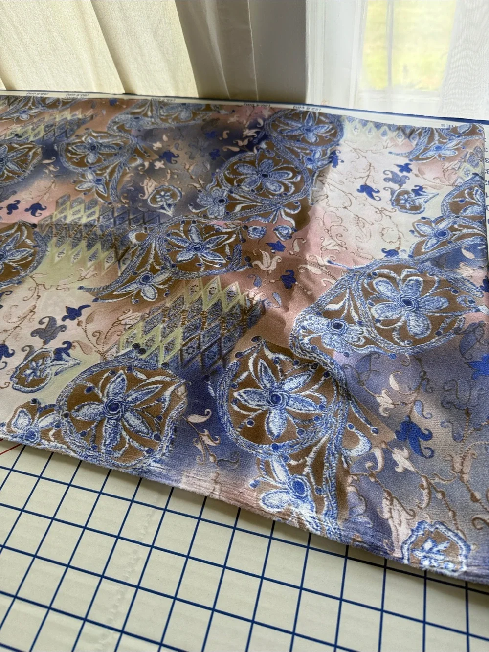 Vintage 90s Satin Fabric 5 Yards Drapey Ornate Floral Medallion Blue Mauve